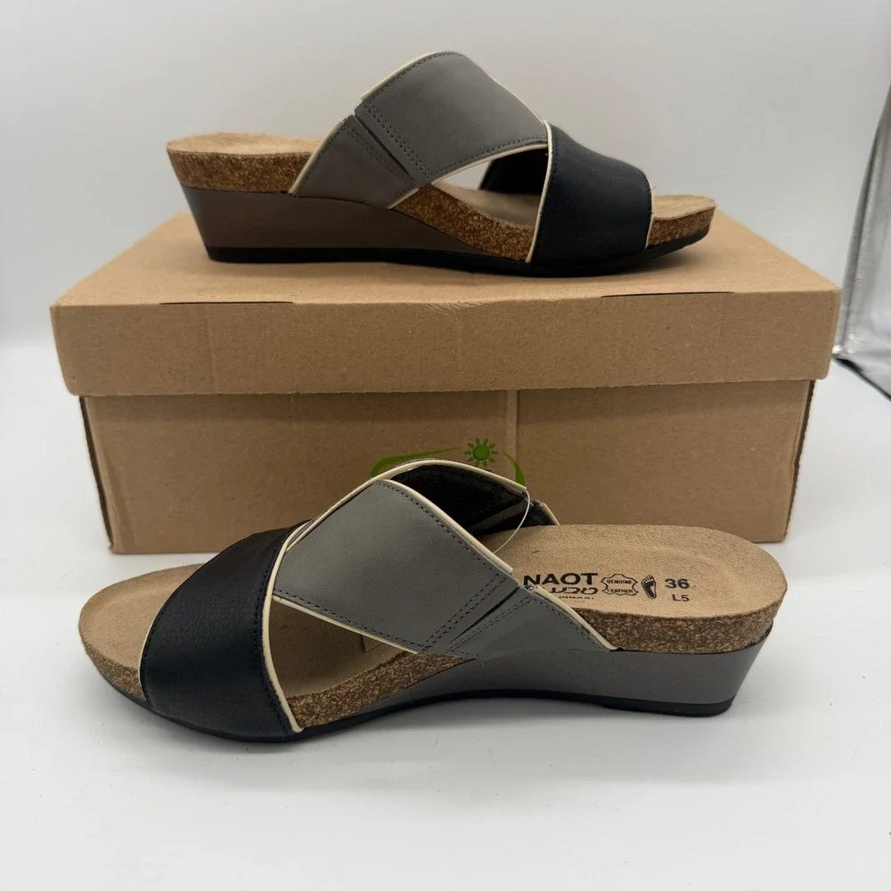 Naot Tiara Black Leather Wedge Slide Comfort Sandals EU 36 US 5-5.5 5053 New